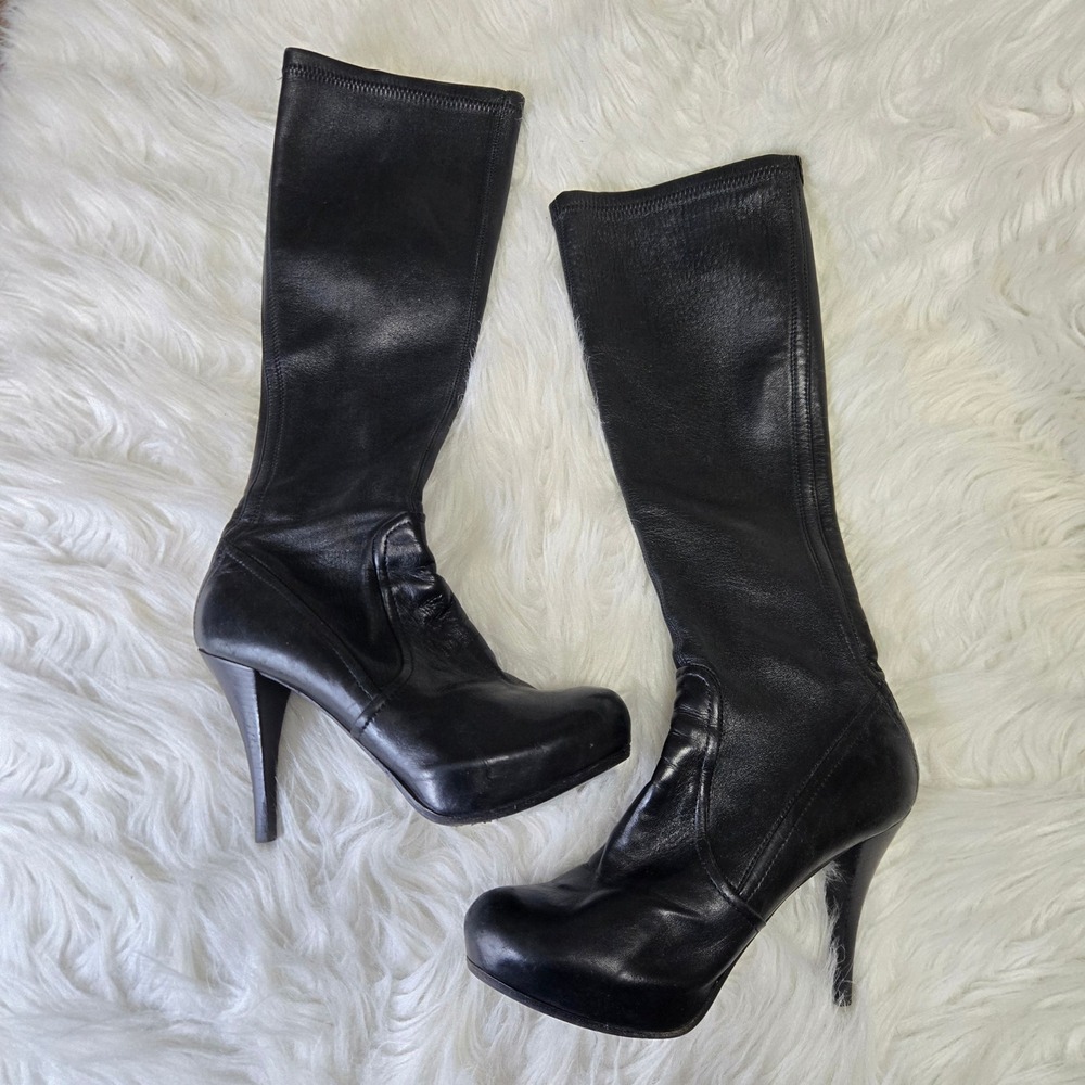 Baldan Black Leather Tall Stiletto Platform Boots Made in Italy Size 36.5